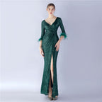 Craft ostrich sequin long-sleeved evening dress