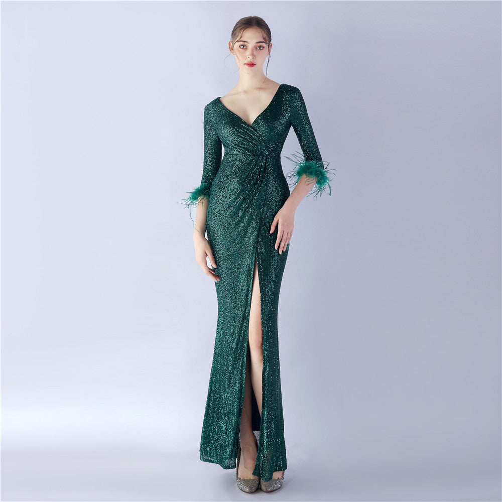 Craft ostrich sequin long-sleeved evening dress
