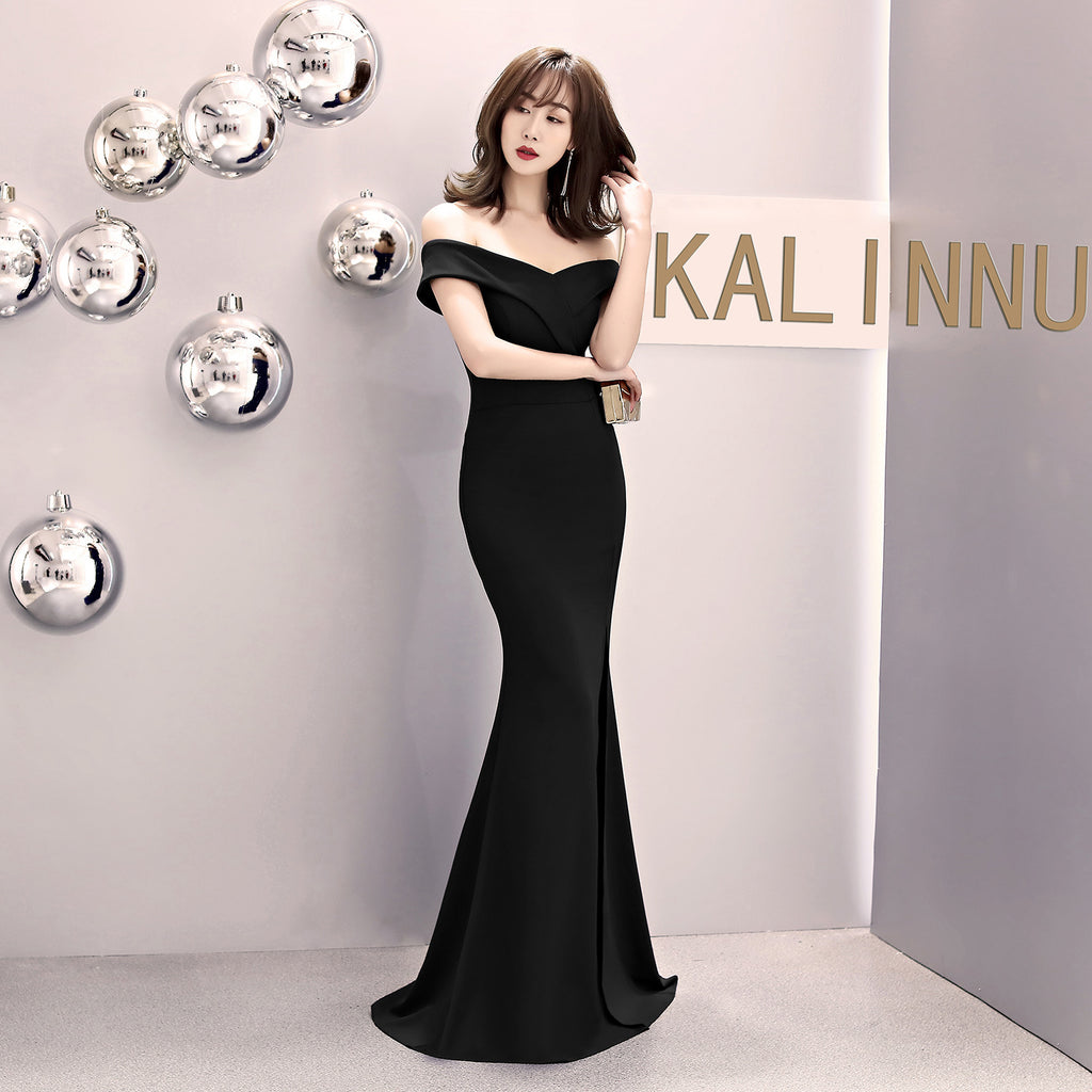 Banquet evening dress new elegant long one-word shoulder fishtail host dress long dress