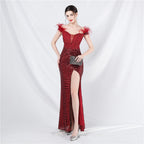 Ostrich hair lace hot diamond court vest fish bone waist high-end evening dress