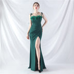 New double-tied waist-shaped ear-adjusted satin evening dress