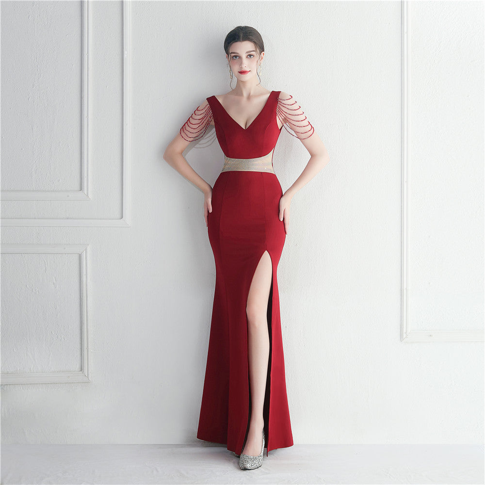 Hot Diamond Beads Celebrity Dinner Wedding Long Evening Dress Dress