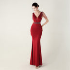 New deep V-neck high-density beads decorative slim-fitting evening dress banquet wedding performance