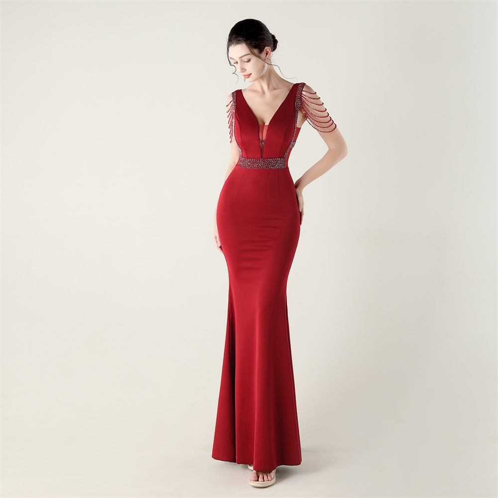 New deep V-neck high-density beads decorative slim-fitting evening dress banquet wedding performance