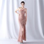 New product craftsmanship order ostrich plush bottom handmade bead high-end shoulder evening dress
