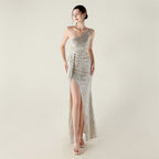 New one-shoulder diagonal collar sequined dress, bead chain decoration, nightclub banquet wedding