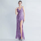 New high-density sequins bundled waist styling side split high-end evening dress
