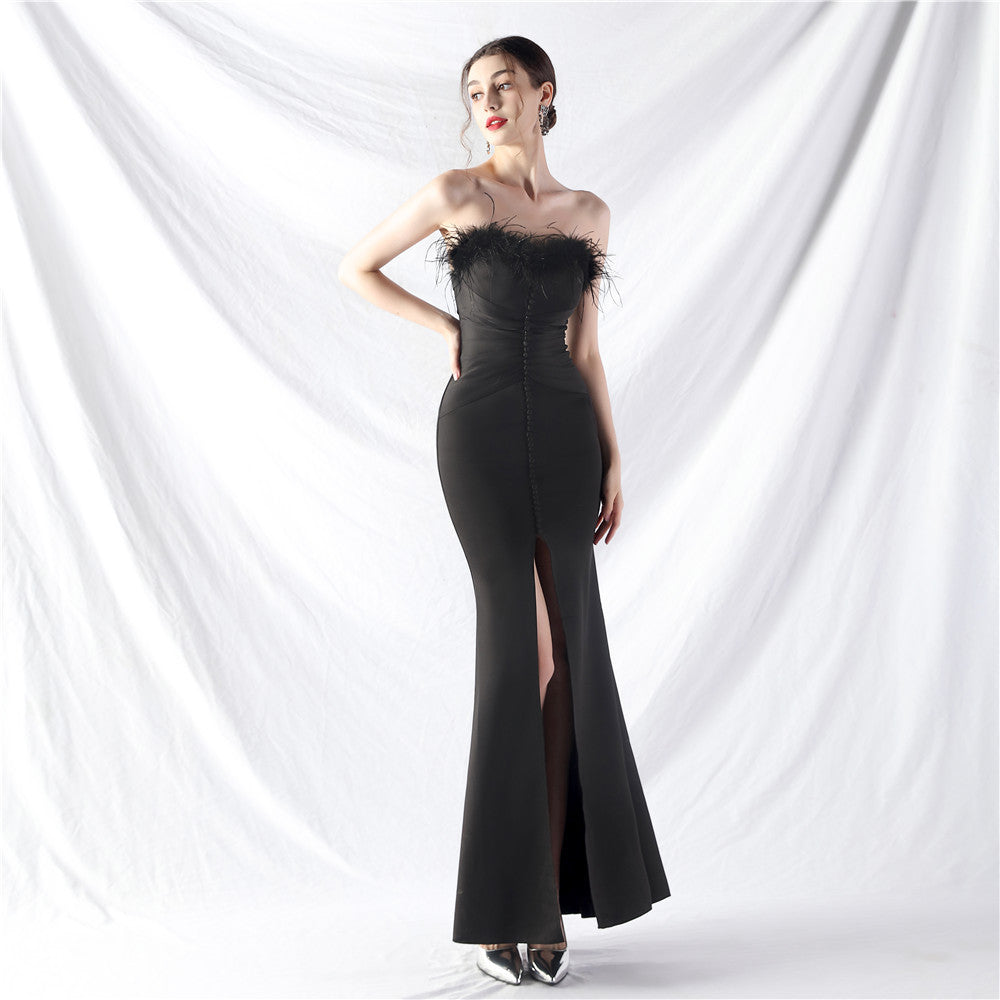 New art bag buckle handmade ostrich hair satin long evening dress