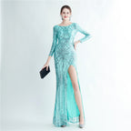 New sequined long-sleeved test split high-end evening dress