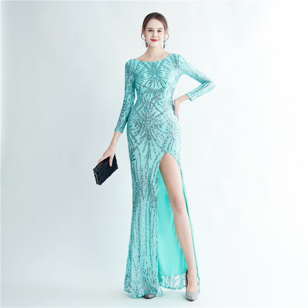 New sequined long-sleeved test split high-end evening dress