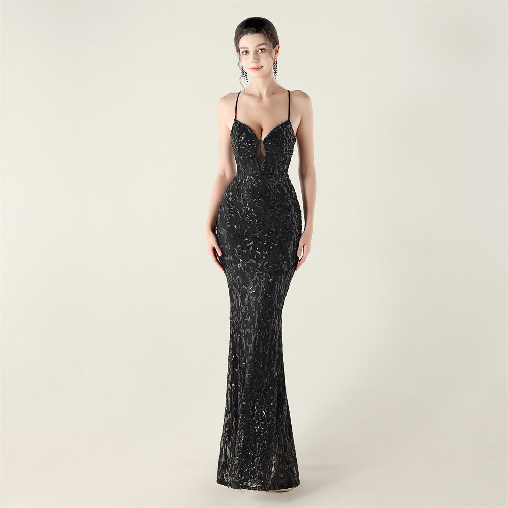 New Bead Embroidery Sequins Waist Strap Deep V Heart Suspender Evening Dress, Banquet Party