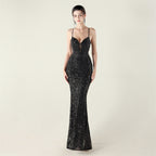 New Bead Embroidery Sequins Waist Strap Deep V Heart Suspender Evening Dress, Banquet Party