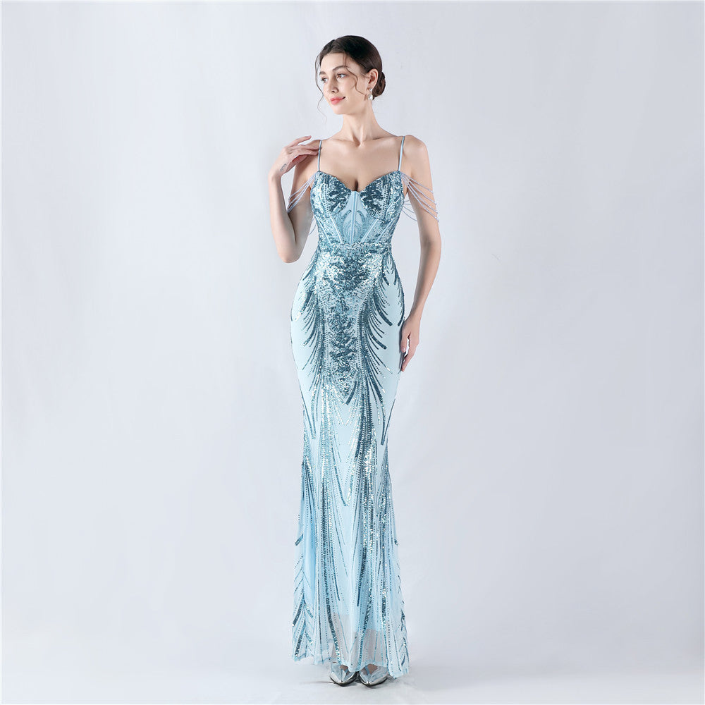 New waist fish bone shaping positioning flower beads live streaming host sexy bead suspender evening dress