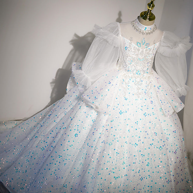 Mädchen Kommunionskleid, Kindergeburtstagskleid, weißes Paillettenkleid mit Schleppe 