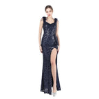 New evening dress craft beaded ostrich hair beads side split evening dress