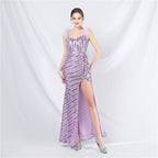 New evening dress craft beaded ostrich hair beads side split evening dress