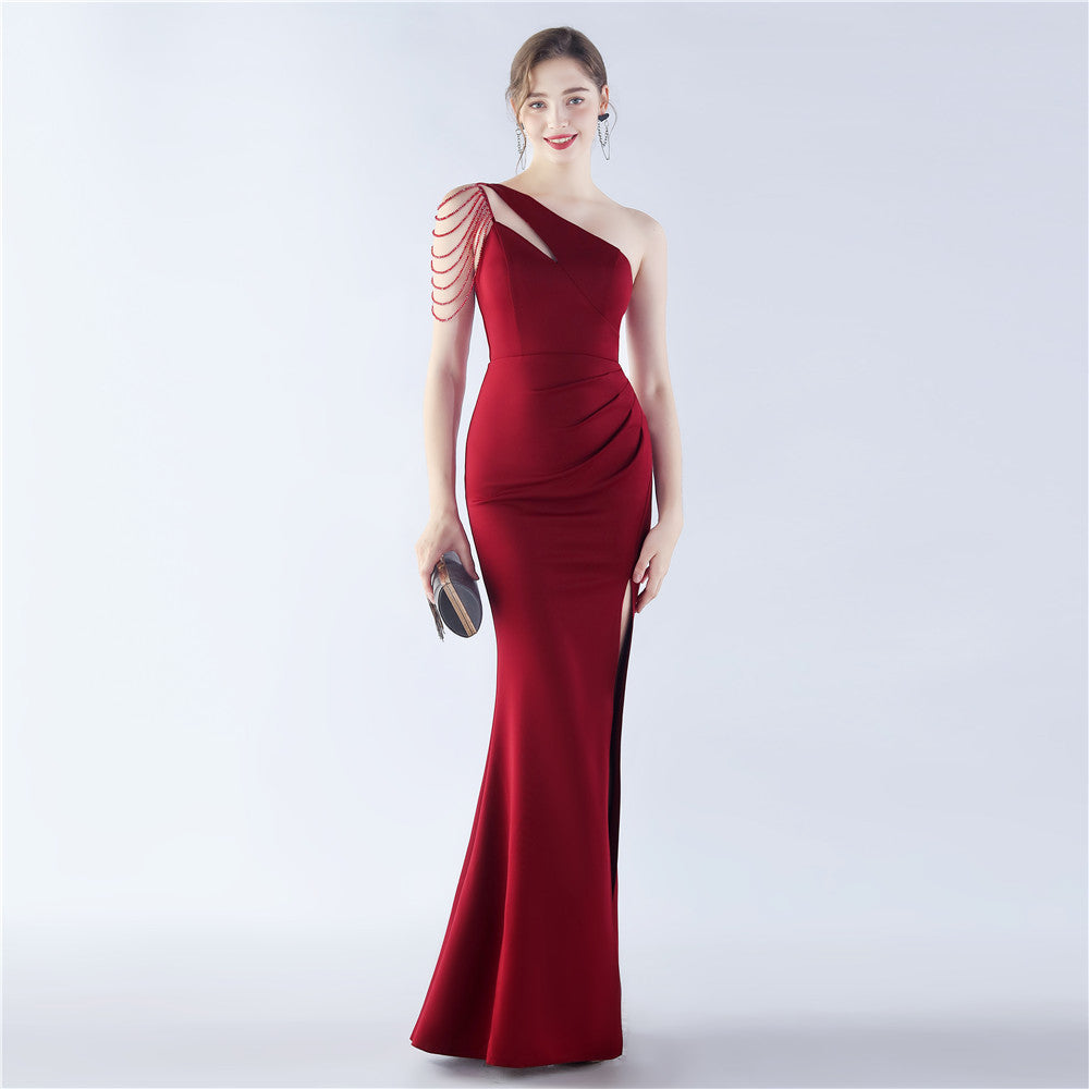 New craft beaded satin single shoulder diagonal collar long evening dress