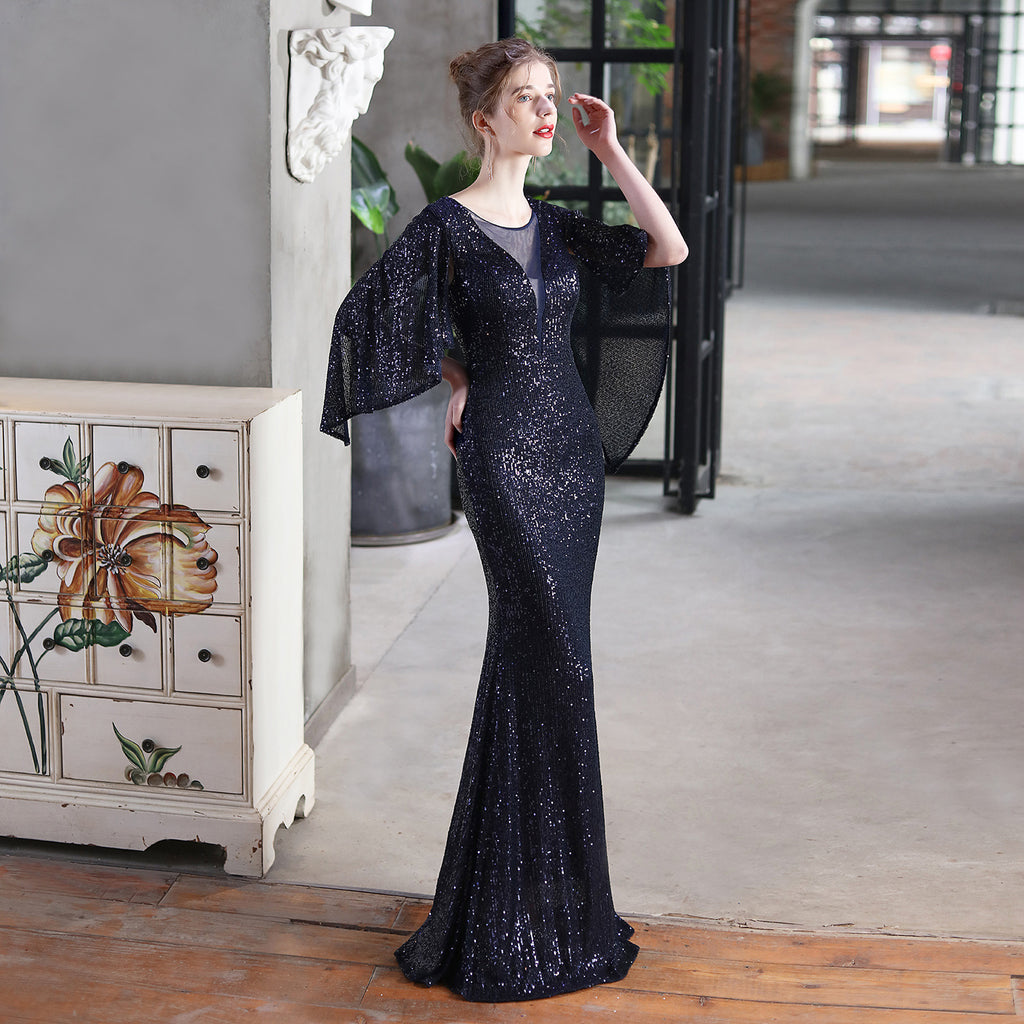 Angel wings sequined fishtail banquet elegant temperament annual meeting host car model party dress female summer