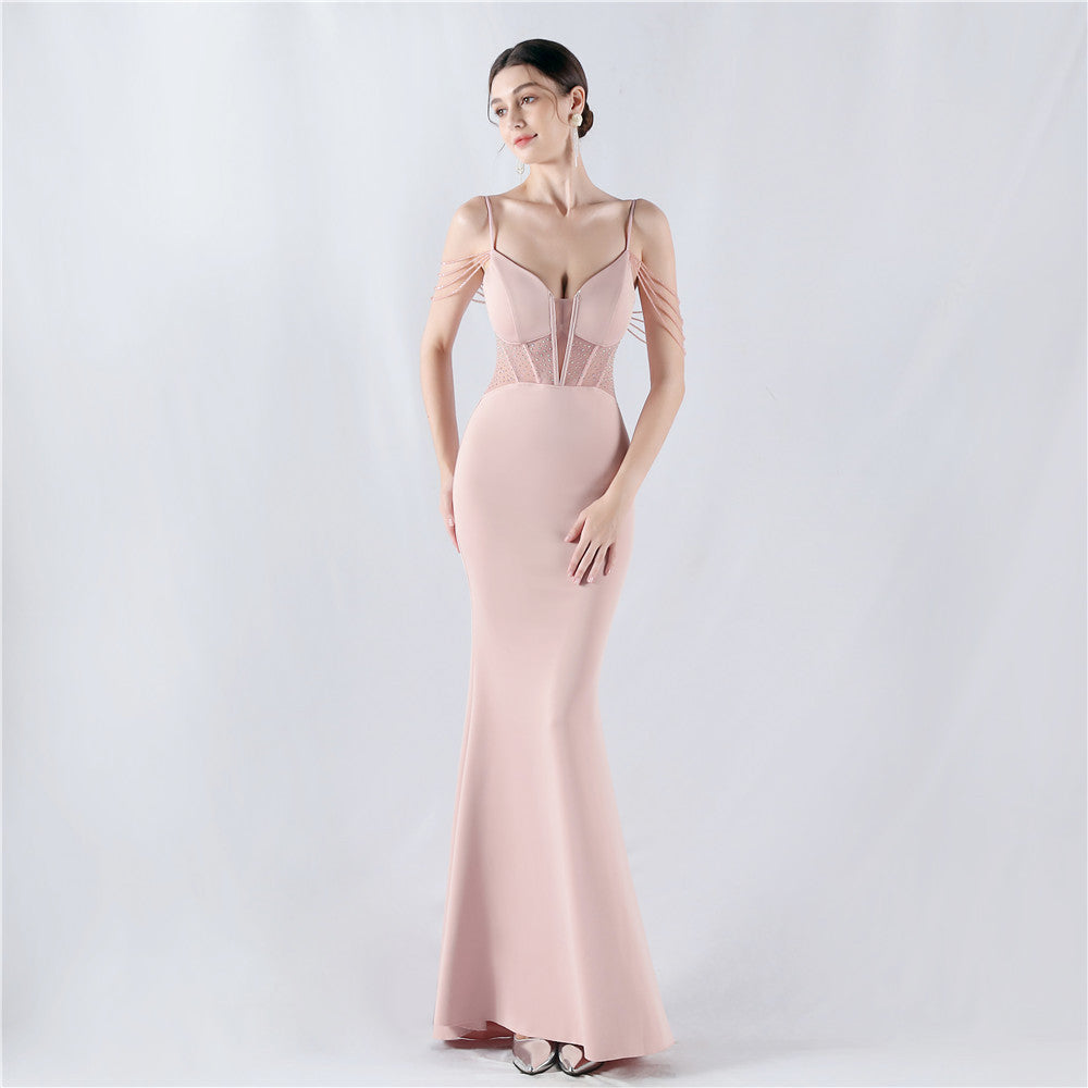 Evening dress waist fish bone beads hot diamond banquet performance host evening dress
