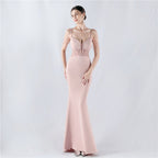 Evening dress waist fish bone beads hot diamond banquet performance host evening dress