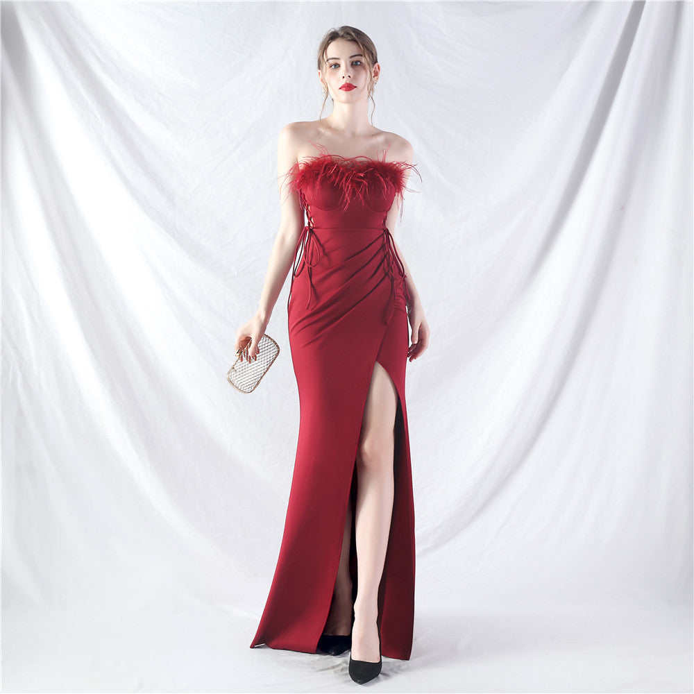 New double-tied waist-shaped ear-adjusted satin evening dress