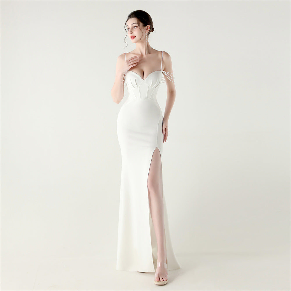 New evening dress fish bone waist lace beads slim formal dinner wedding fishtail evening dress