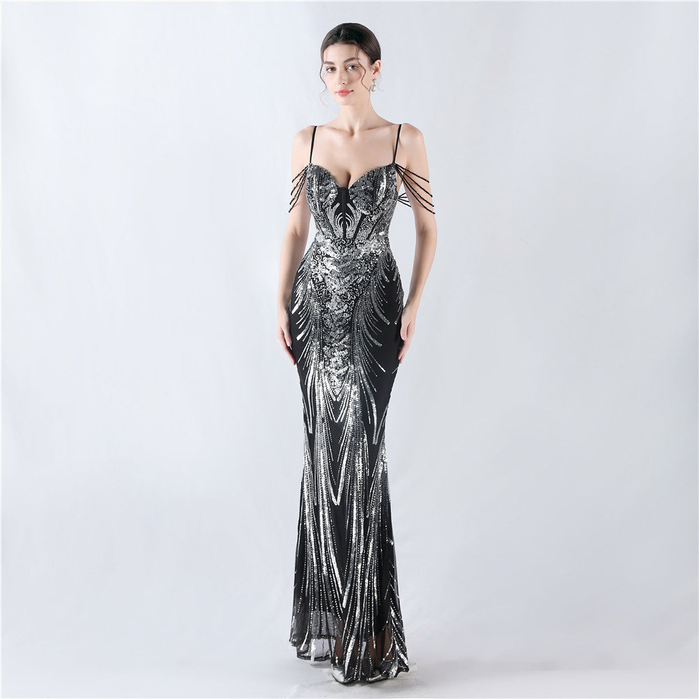 New waist fish bone shaping positioning flower beads live streaming host sexy bead suspender evening dress