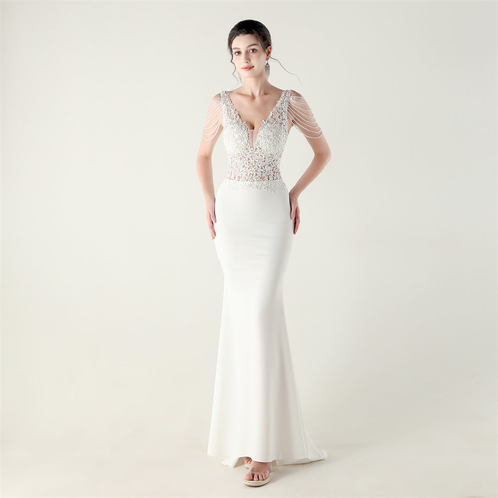 New Bead Lace Bead Embroidery Evening Ceremony, Off-Shoulder Fishtail Dress, Red Carpet Wedding Banquet Dress