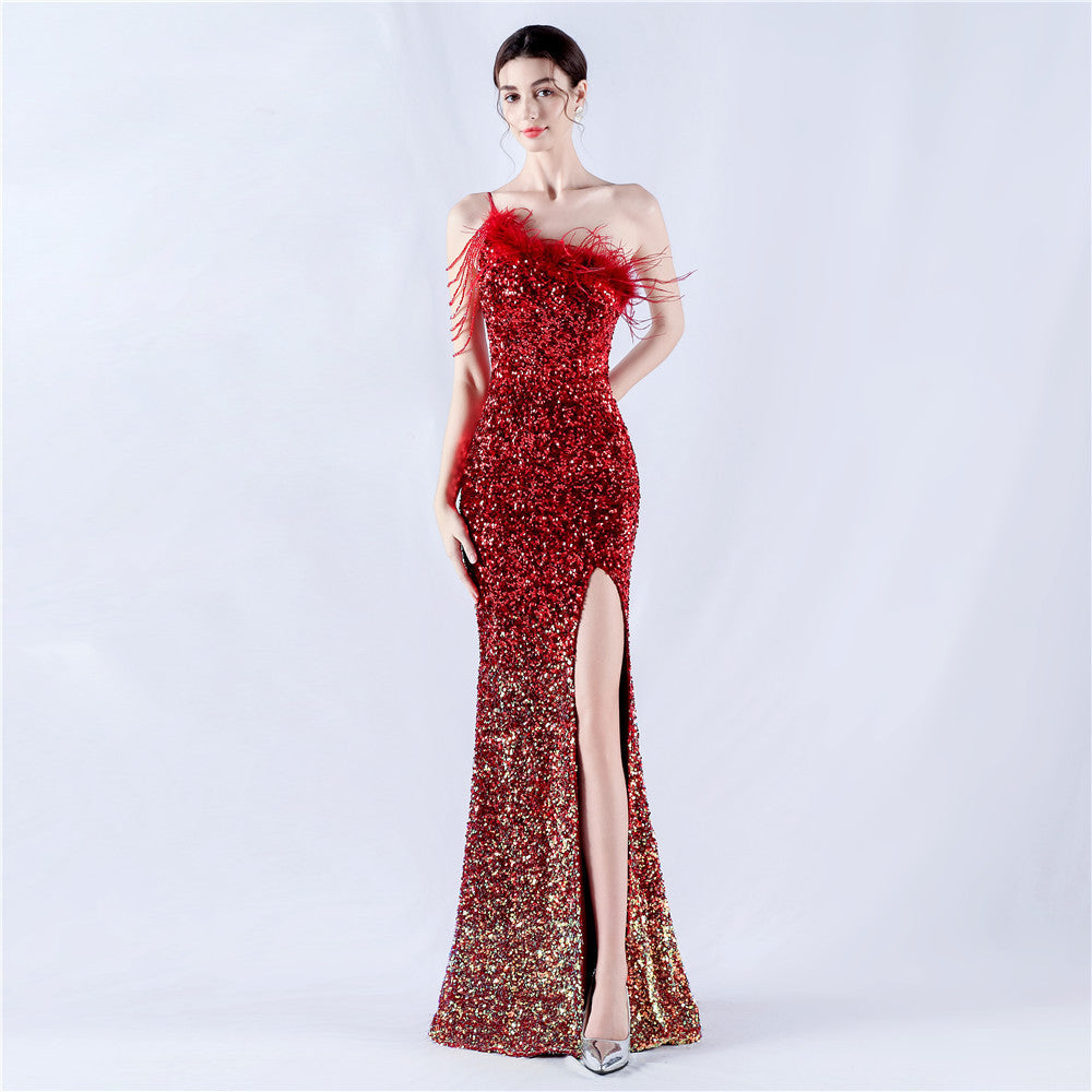 New extended ostrich hair beaded sequined single shoulder diagonal neck high fork evening dress