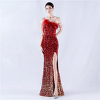 New extended ostrich hair beaded sequined single shoulder diagonal neck high fork evening dress