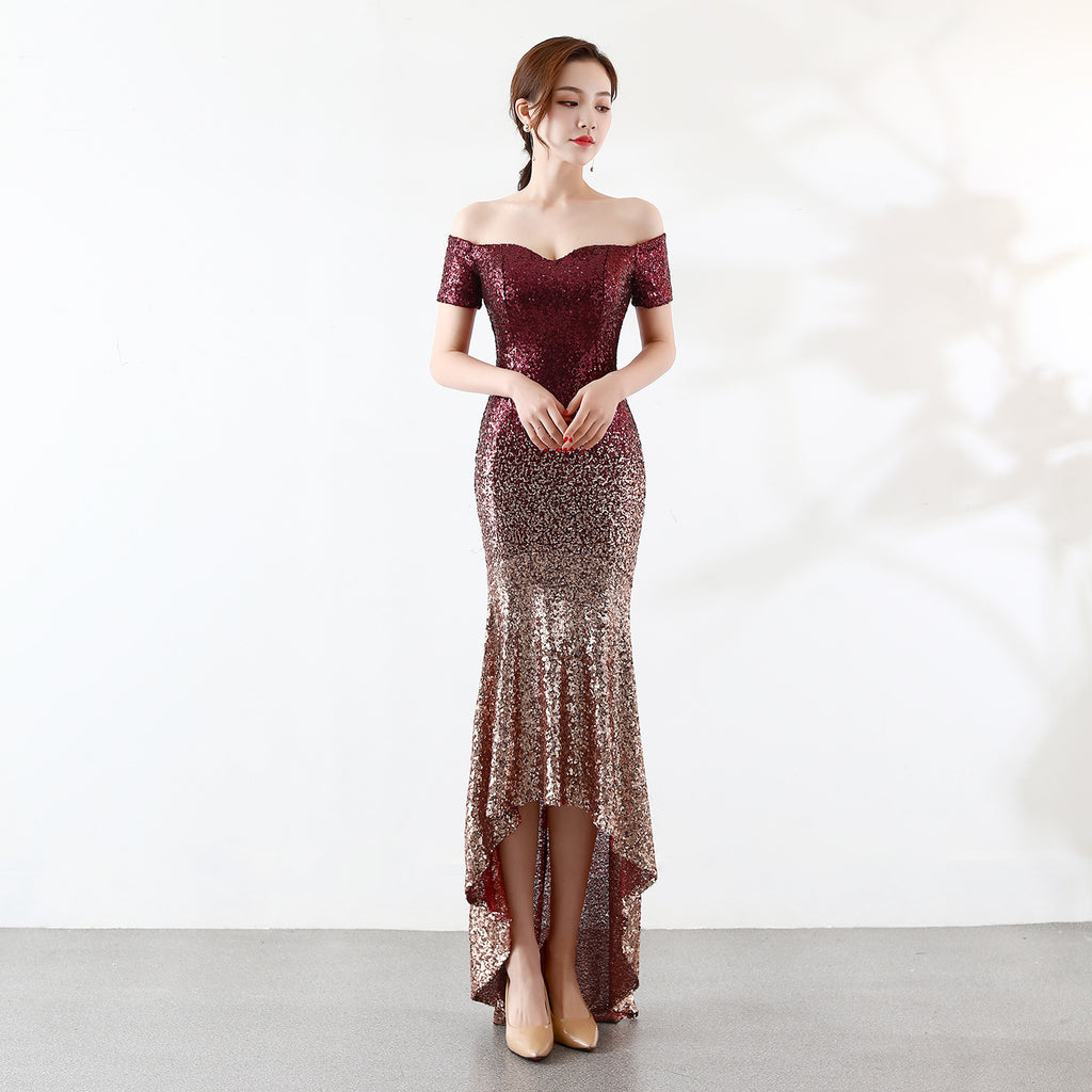 Short-sleeved one-word shoulder dress European and American perspective l gradual change bead dress wedding banquet party dress