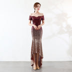 Short-sleeved one-word shoulder dress European and American perspective l gradual change bead dress wedding banquet party dress