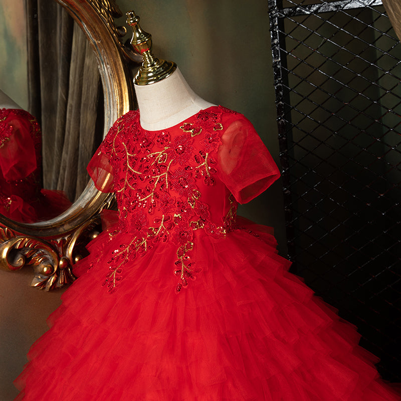 Vestido de Navidad para niña, vestido de comunión para niña pequeña, vestido rojo esponjoso de princesa con cola de cumpleaños, hermoso vestido de desfile 