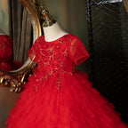 Vestido de Navidad para niña, vestido de comunión para niña pequeña, vestido rojo esponjoso de princesa con cola de cumpleaños, hermoso vestido de desfile 