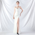 Heavy industry court fishbone vest waist high-end small vertical tail satin evening dress