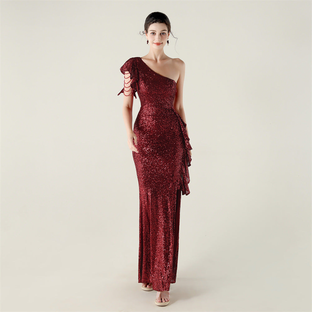 New single shoulder ruffle pendant bead chain handmade sequined evening dress, banquet party wedding