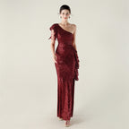 New single shoulder ruffle pendant bead chain handmade sequined evening dress, banquet party wedding