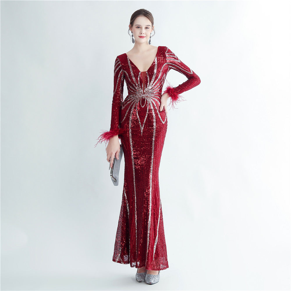 New product positioning flower bead piece craft ostrich hair high-end long-sleeved evening dress