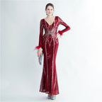 New product positioning flower bead piece craft ostrich hair high-end long-sleeved evening dress