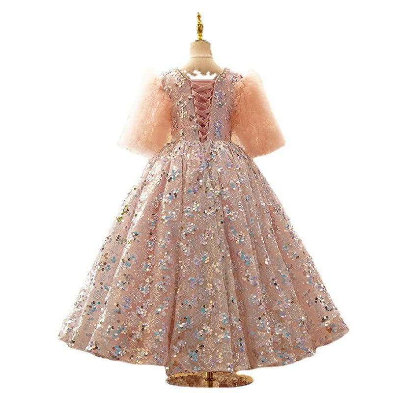Kommunionkleid für Kleinkinder, Mädchen, Plüschärmel, rosa Pailletten, flauschiges Prinzessinnenkleid 