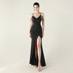 New satin suspender evening dress bead chain decoration slim and thin, banquet red carpet