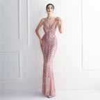 Positioning flower suspender party sequined dress long banquet slim evening dress temperament fishtail skirt