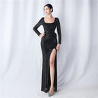 New craft nailed ostrich bead long-sleeved evening dress