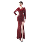 New craft ostrich hair long-sleeved bead evening dress