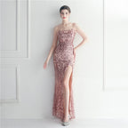 Positioning flower bead slice bead craft foreign trade sexy dress long