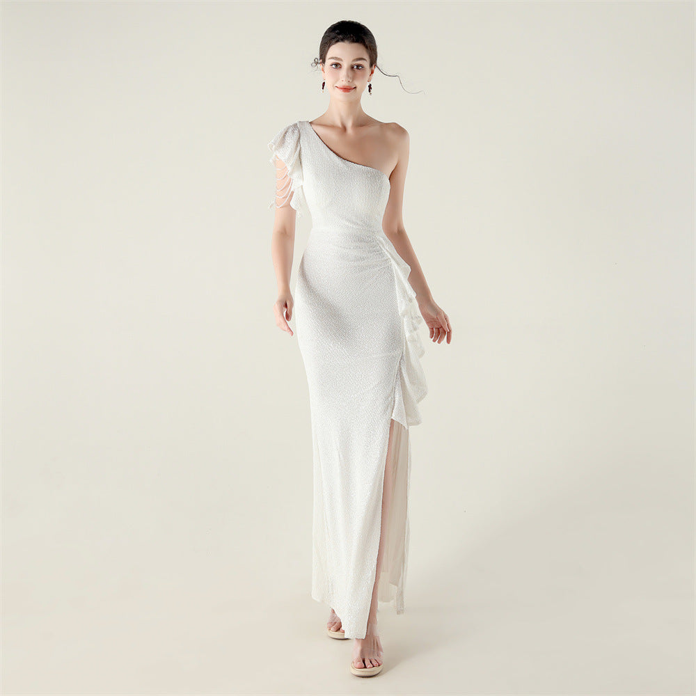 New single shoulder ruffle pendant bead chain handmade sequined evening dress, banquet party wedding