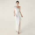 New single shoulder ruffle pendant bead chain handmade sequined evening dress, banquet party wedding