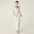 New single shoulder ruffle pendant bead chain handmade sequined evening dress, banquet party wedding
