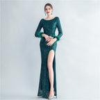 High-density ostrich hair beads long-sleeved fishtail high-end evening dress