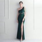 Hot Diamond Bead Craft Bridesmaid Hosting Party Sexy Shoulder Long Evening Dress